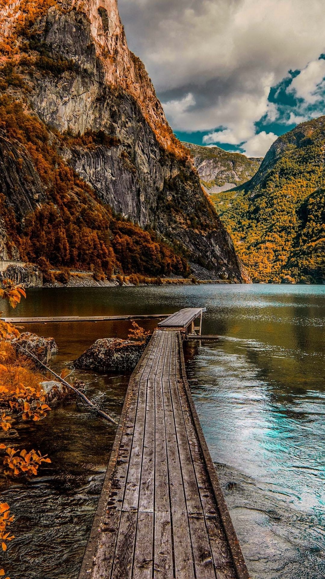 Autumn, wooden dock, lake, forest