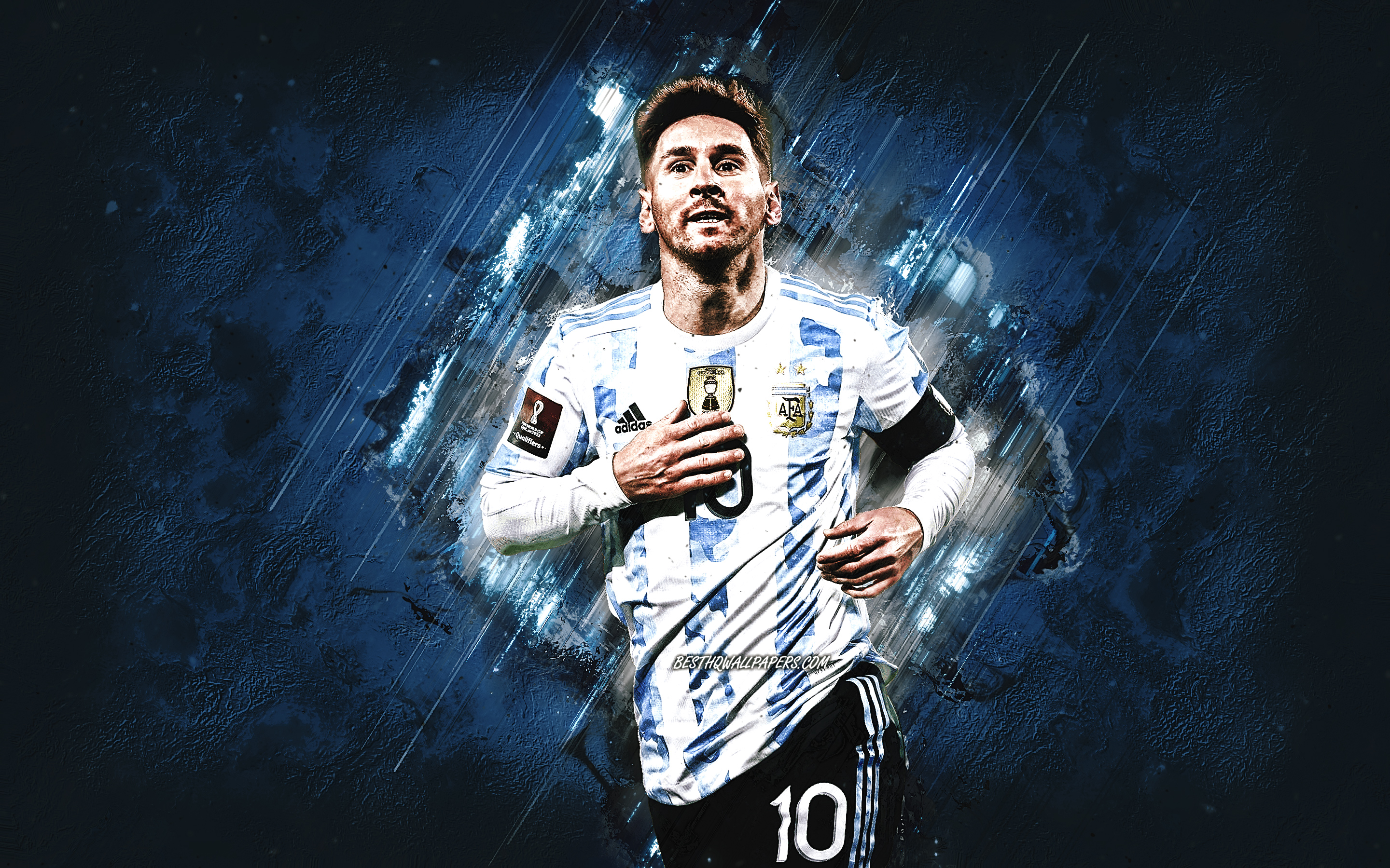 Download wallpaper Lionel Messi, Argentina national football team, Argentine footballer, portrait, blue stone background, Argentina, soccer, grunge art for desktop with resolution 2880x1800. High Quality HD picture wallpaper