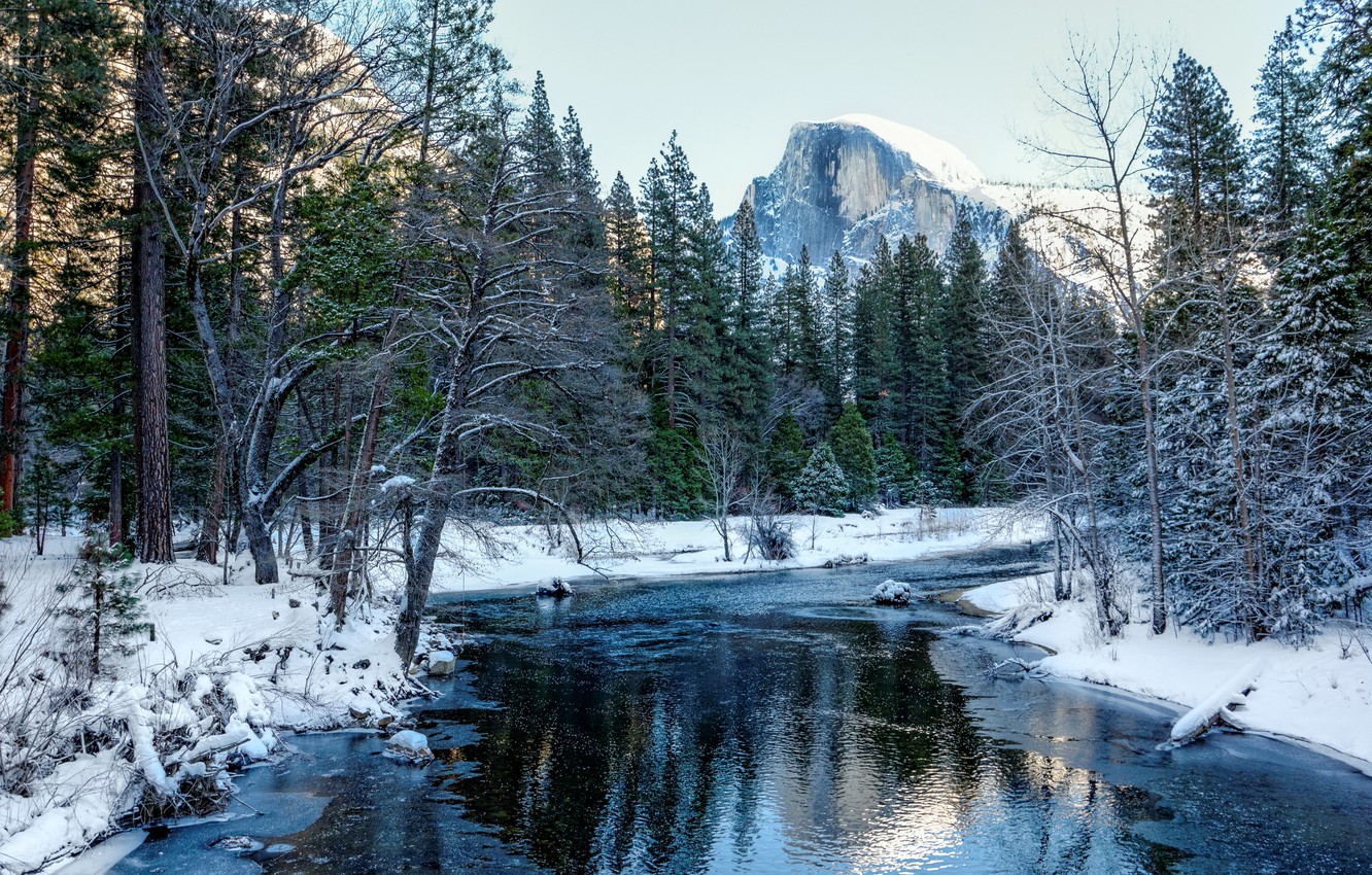 Wallpaper winter, forest, snow, trees, mountains, CA, USA, river, Yosemite national Park, Yosemite National Park image for desktop, section пейзажи