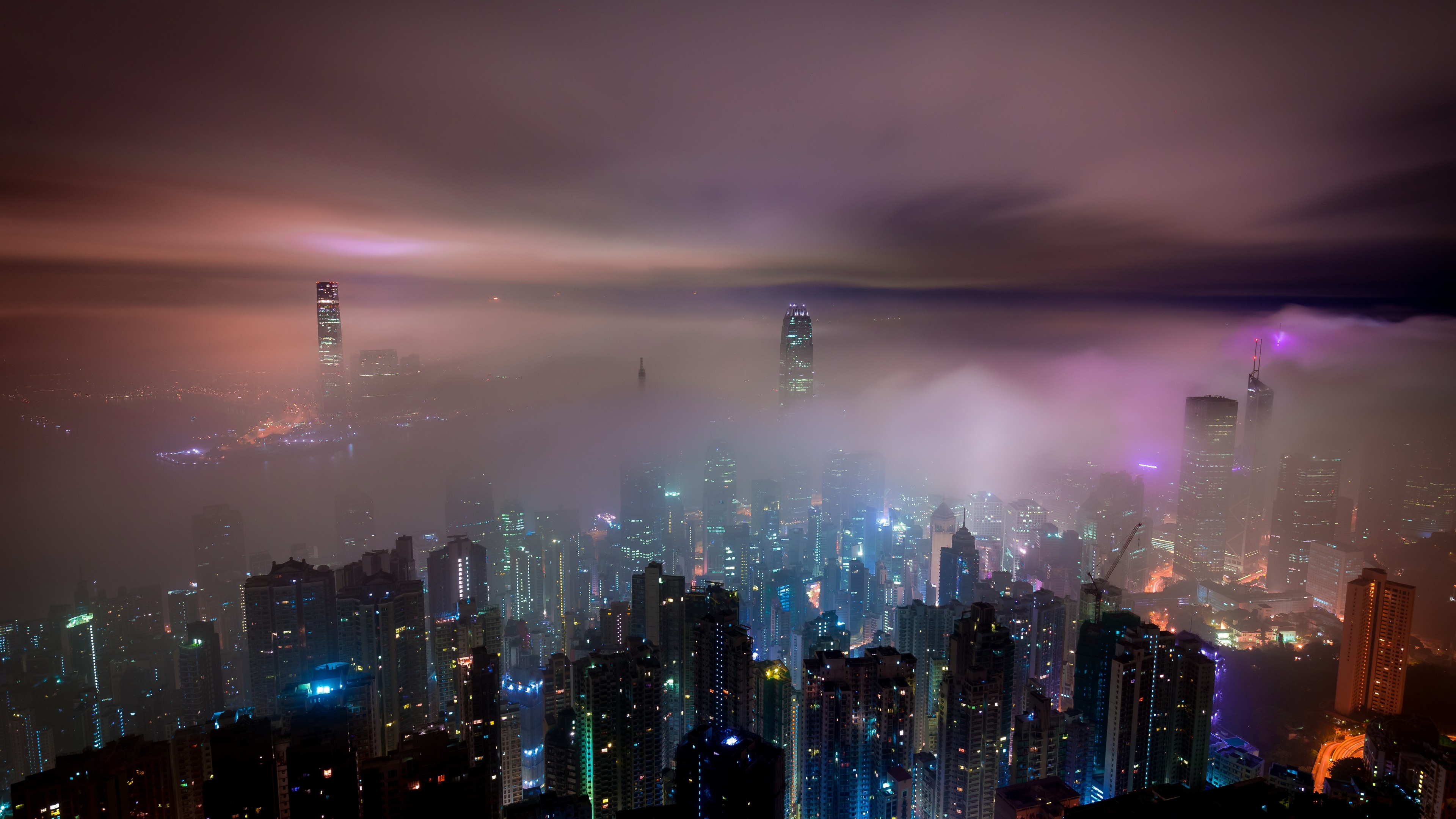 Wallpaper 4k Hong Kong Buildings Night Lights Mist Wallpaper