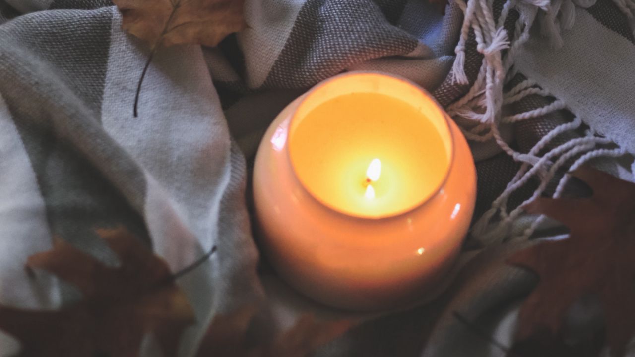 Wallpaper candle, leaves, autumn, fabric, flame hd, picture, image