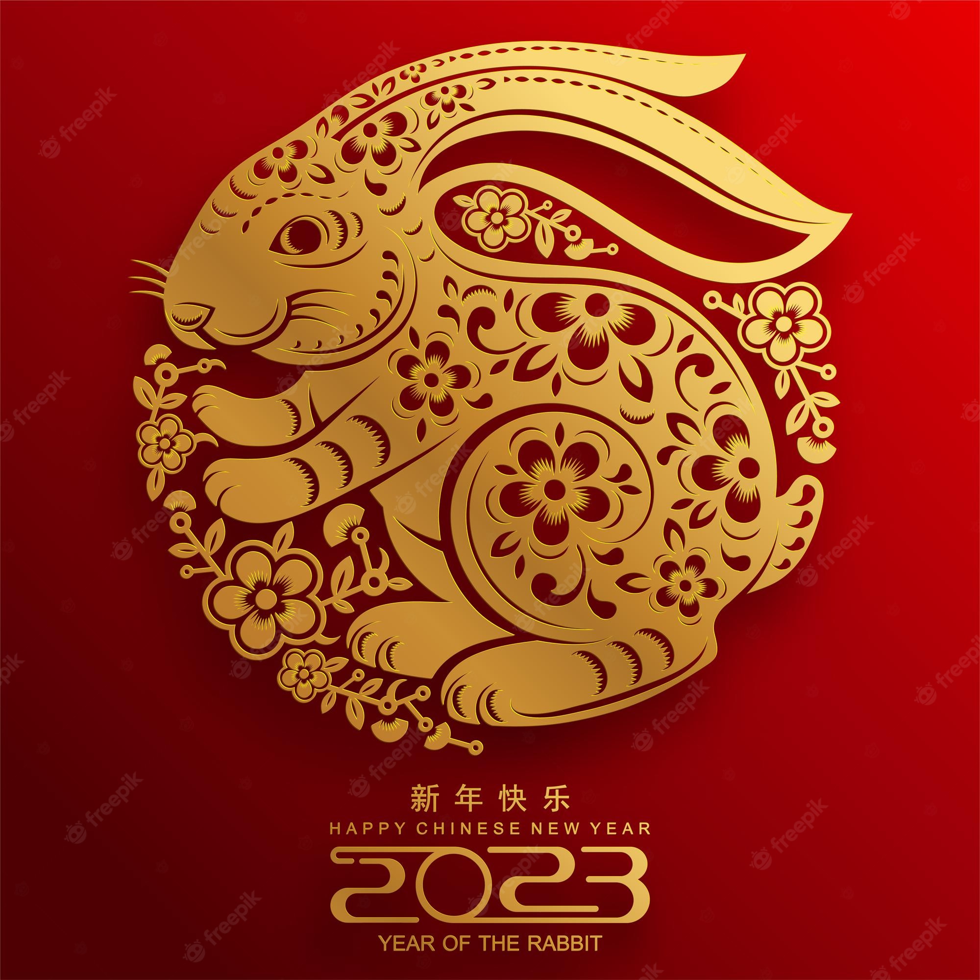 Premium Vector. Happy chinese new year 2023 year of the rabbit zodiac sign, gong xi fa cai with flower, lantern, asian elements gold paper cut style on color background. translation, happy new