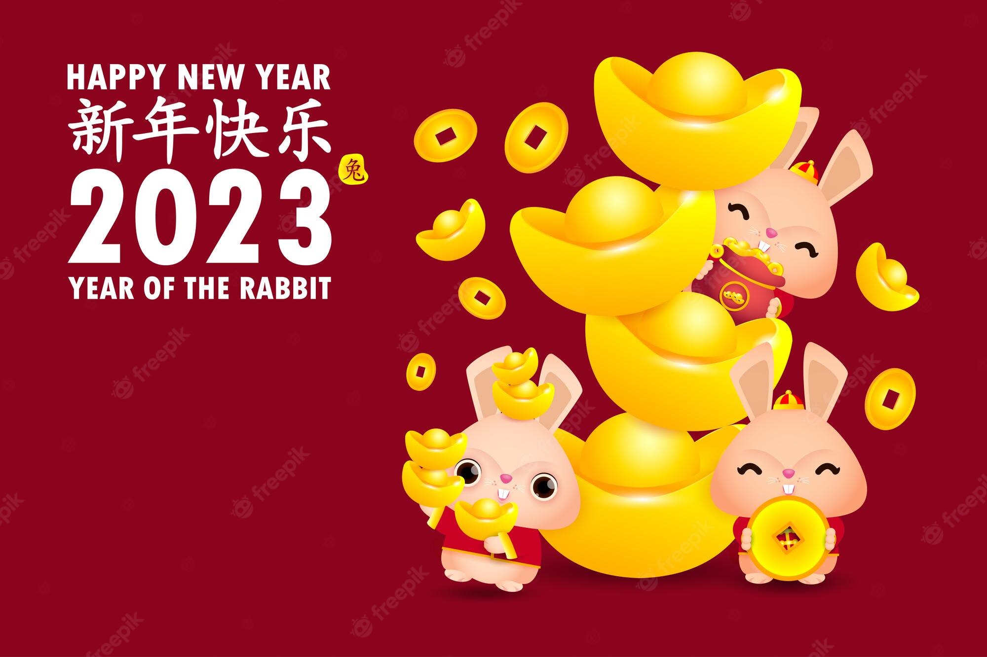 Premium Vector. Happy chinese new year greeting card 2023 cute little bunny, year of the rabbit gong xi fa cai