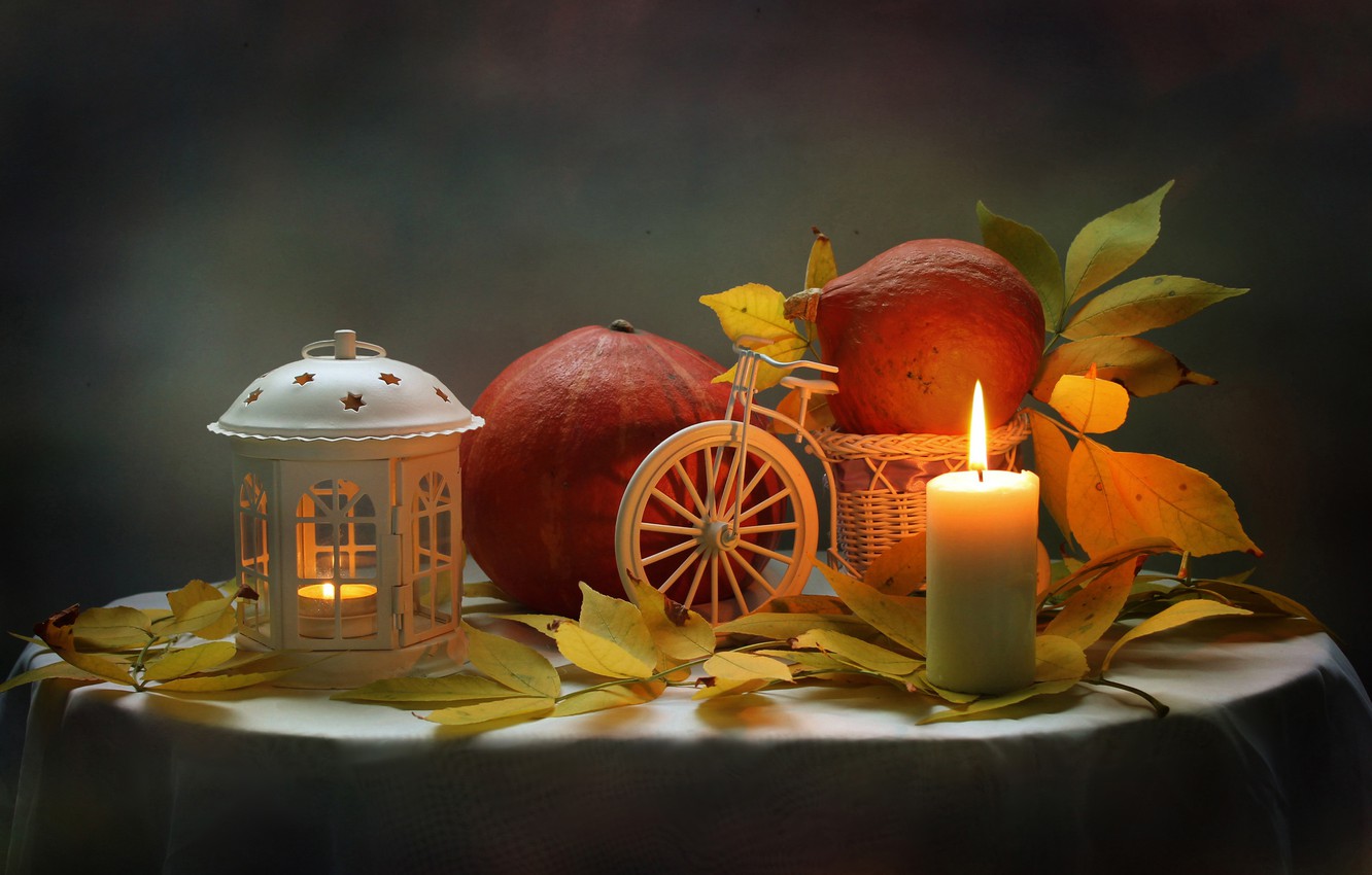 Wallpaper autumn, leaves, candle, flashlight, pumpkin, still life image for desktop, section еда