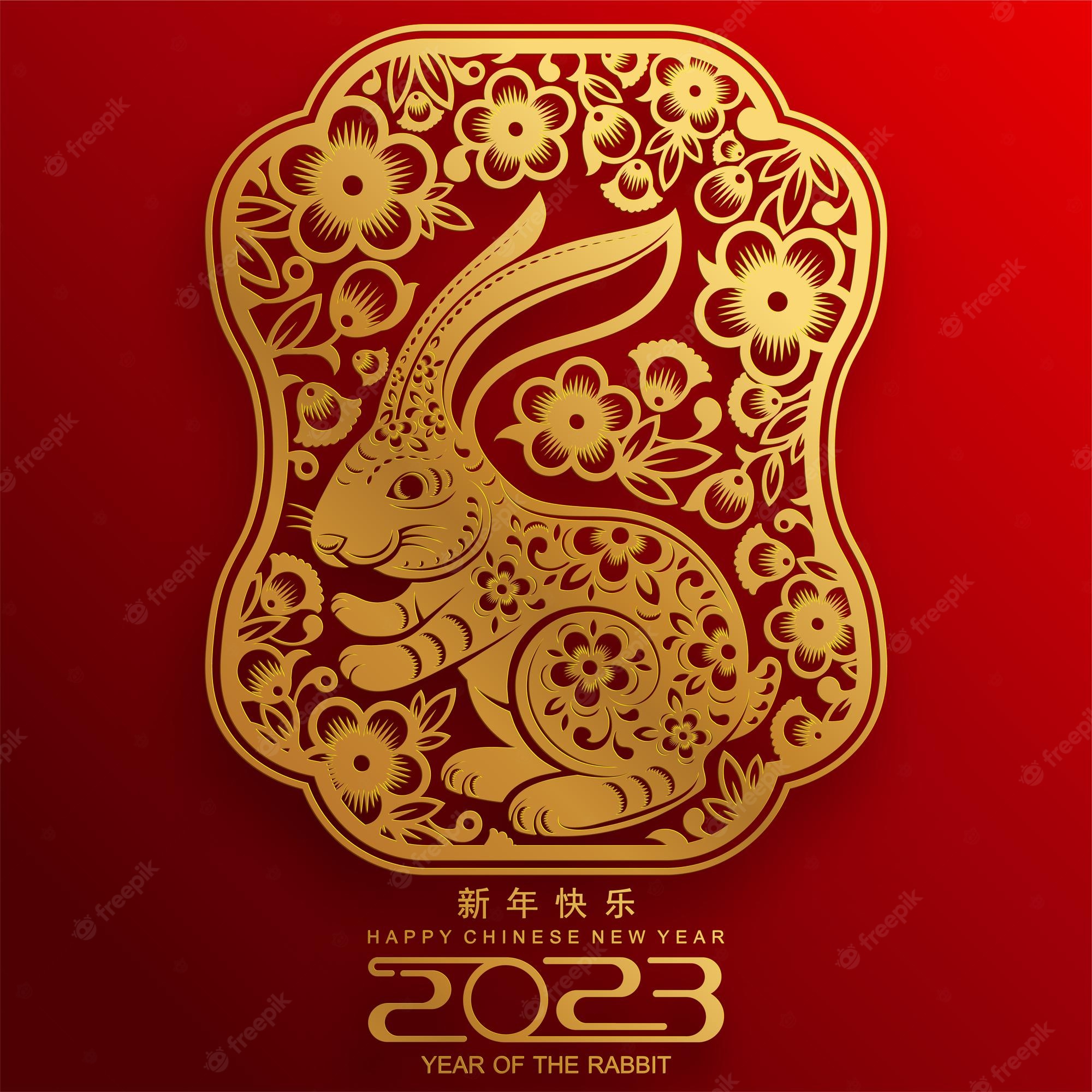 Premium Vector. Happy chinese new year 2023 year of the rabbit zodiac sign, gong xi fa cai with flower, lantern, asian elements gold paper cut style on color background. translation, happy new