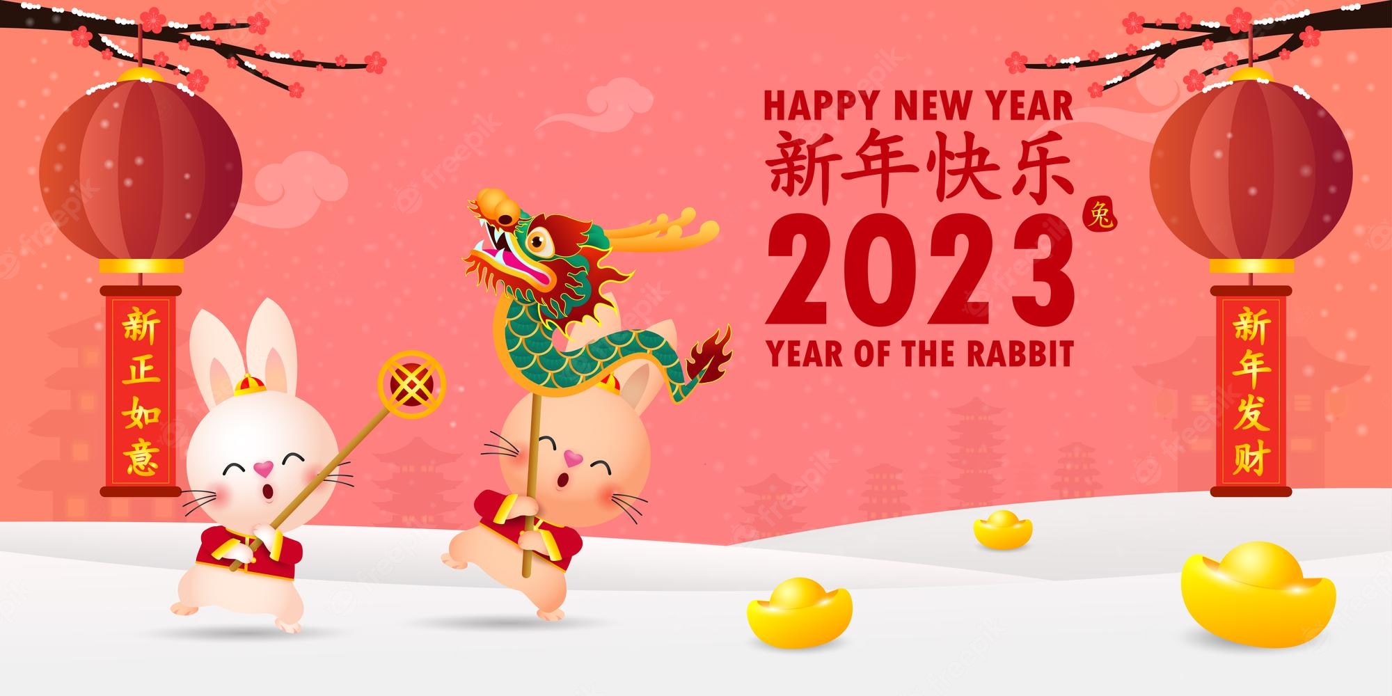 Premium Vector. Happy chinese new year 2023 year of the rabbit, little bunny performs dragon dance, gong xi fa cai