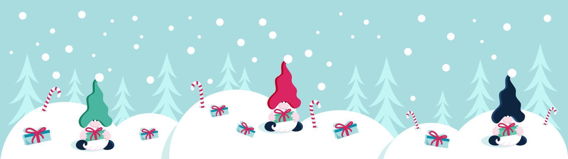 Winter season or christmas landscape with little gnome and presents vector long background or banner