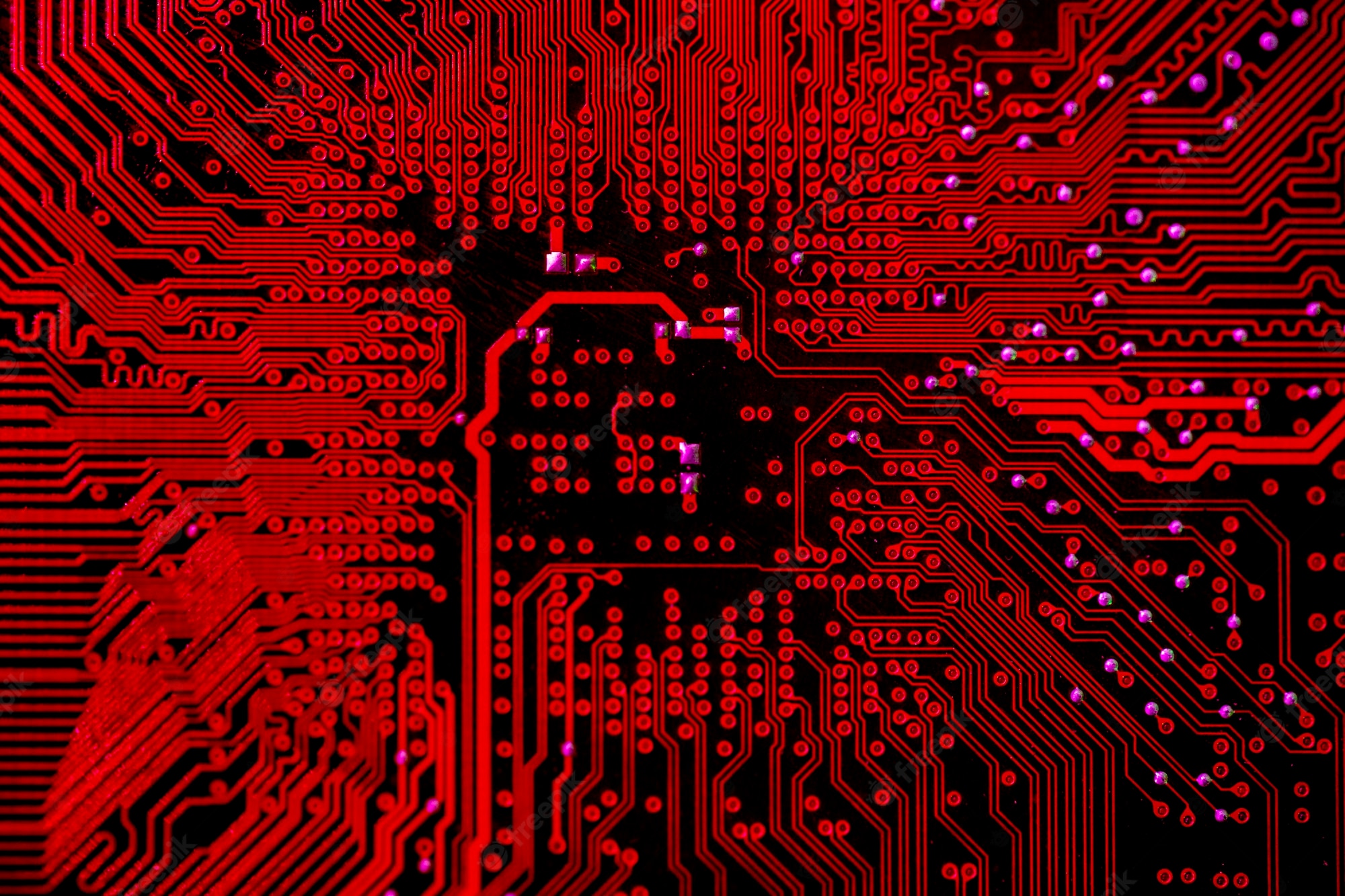 Premium Photo. Top view of red themed circuit board