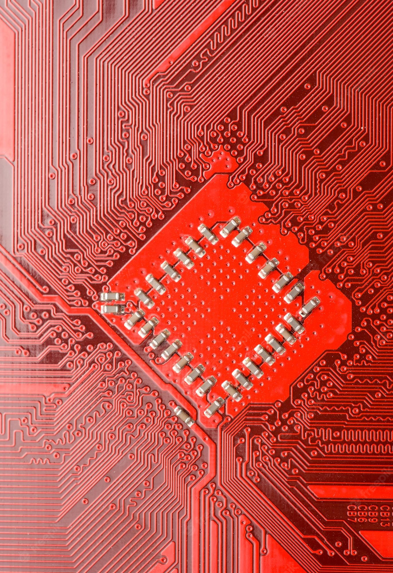 Premium Photo. Red Circuit Board Close Up. Electronic Background