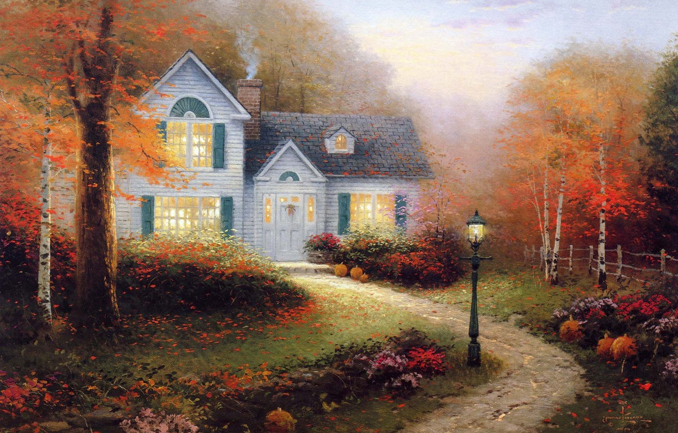 Wallpaper autumn, light, smoke, picture, lantern, painting, cottage, Thomas kinkade, Kincaid image for desktop, section живопись