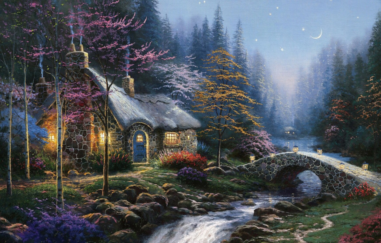 Wallpaper autumn, forest, river, the moon, stars, ate, lights, twilight, painting, the bridge, cottage, birch, Thomas Kinkade, painting, Thomas Kinkade, Twilight Cottage image for desktop, section живопись
