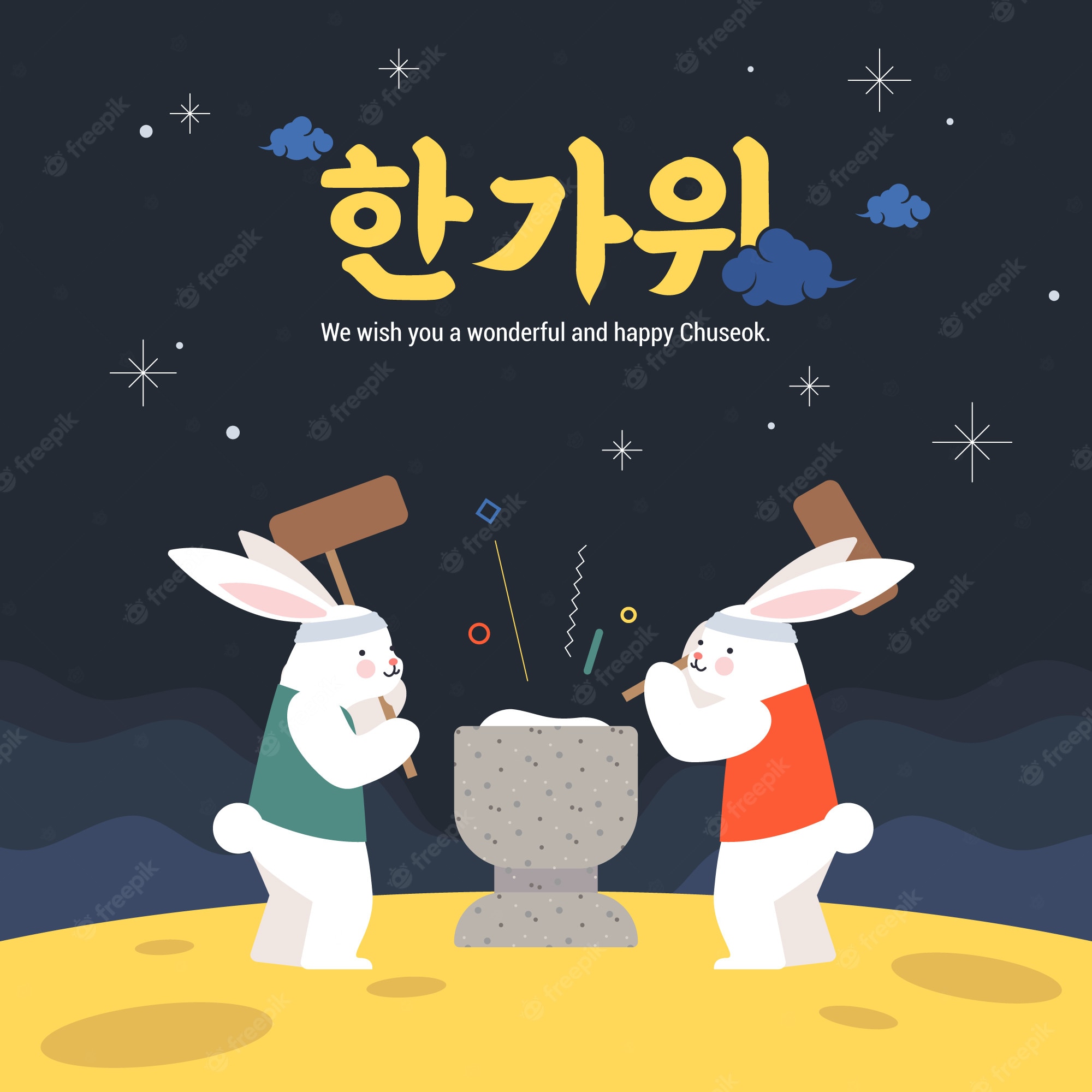 Premium Vector. Korean thanksgiving day rabbits making ricecake