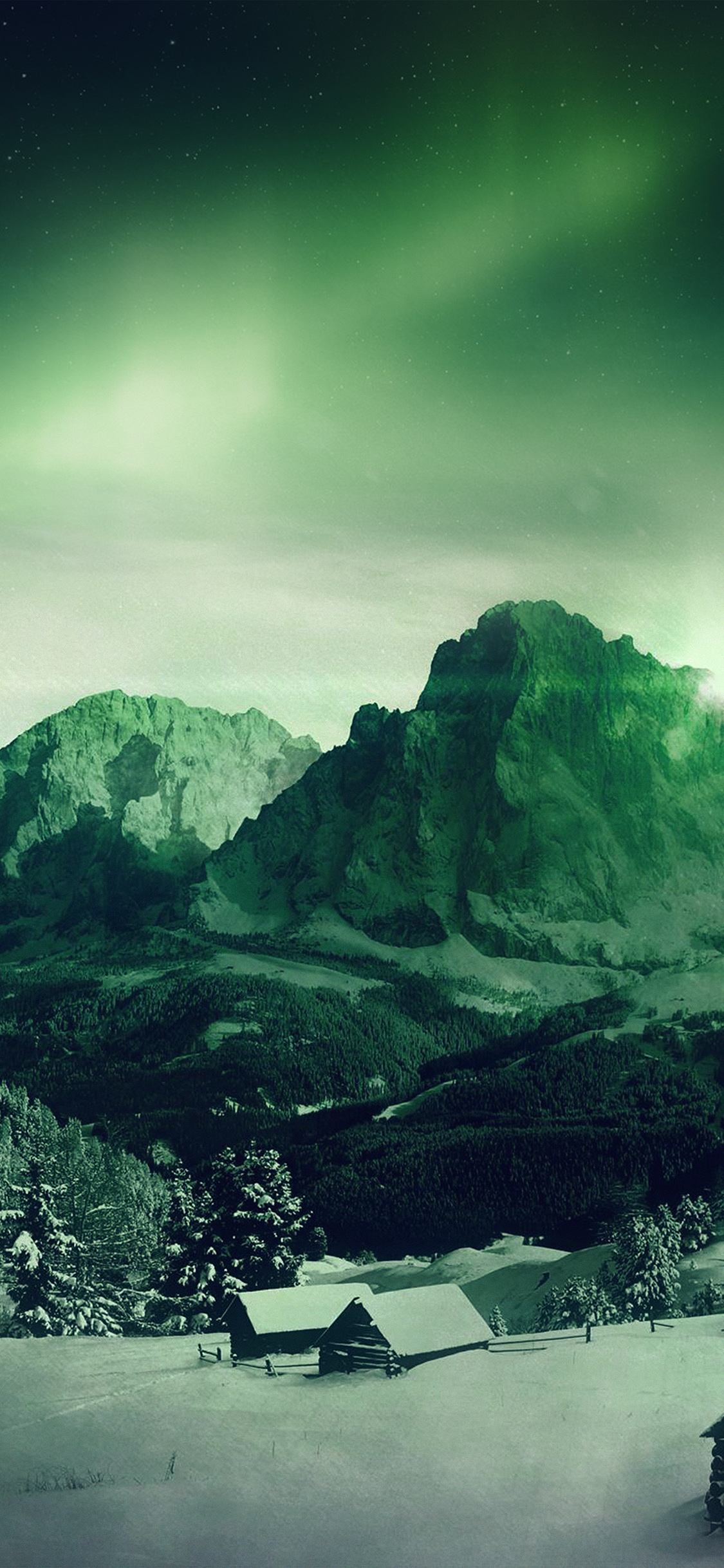 night sky mountain snow winter aurora green