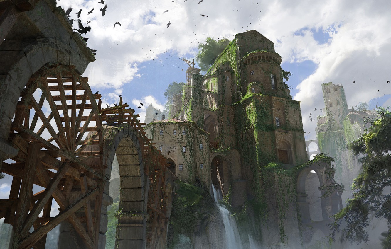 Wallpaper birds, castle, waterfall, construction, Abandoned city image for desktop, section рендеринг