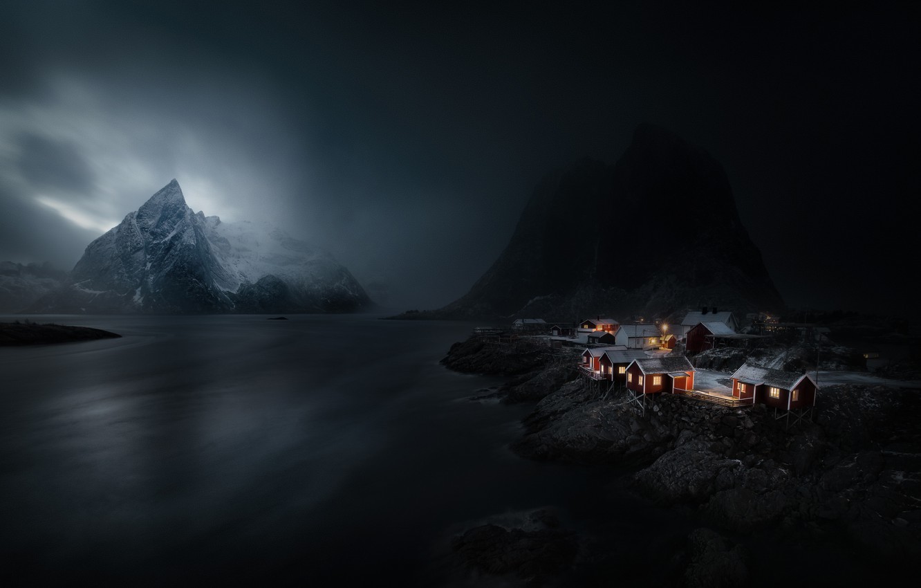 Wallpaper light, mountains, night, clouds, Norway, the village image for desktop, section пейзажи