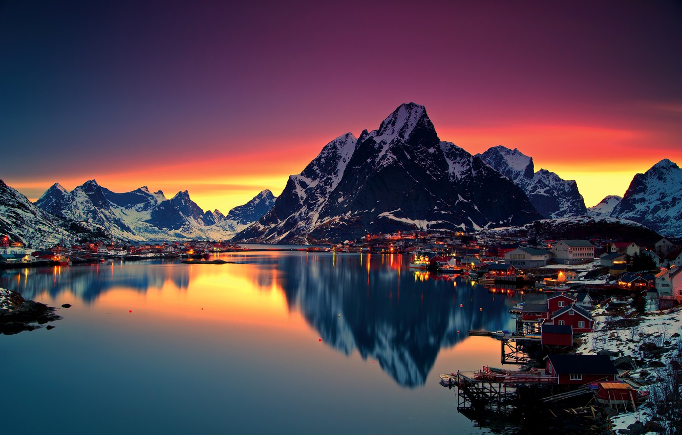 Wallpaper winter, the sky, snow, mountains, night, lights, lake, dawn, home, Norway, Lofoten image for desktop, section пейзажи