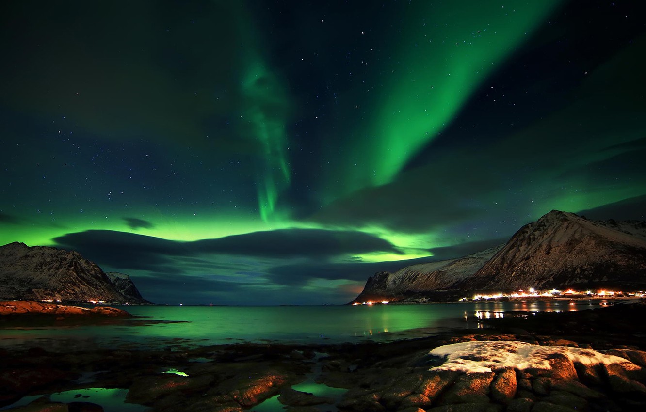 Wallpaper sea, the sky, night, rocks, Northern lights, Norway, Norway, The Lofoten Islands, Lofoten Island image for desktop, section природа
