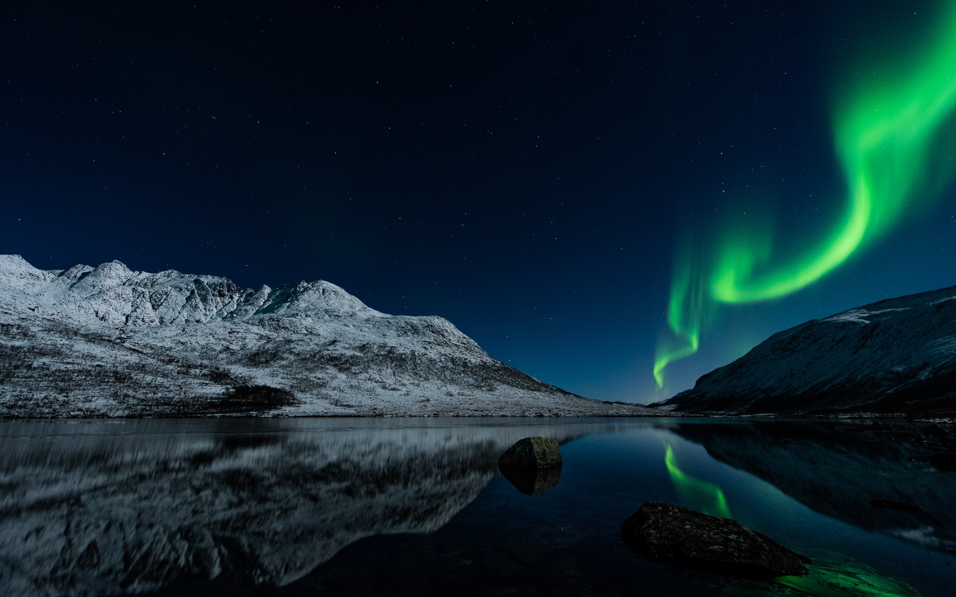 Wallpaper Northern lights, Norway, night, lake, stars, mountains 1920x1200 HD Picture, Image