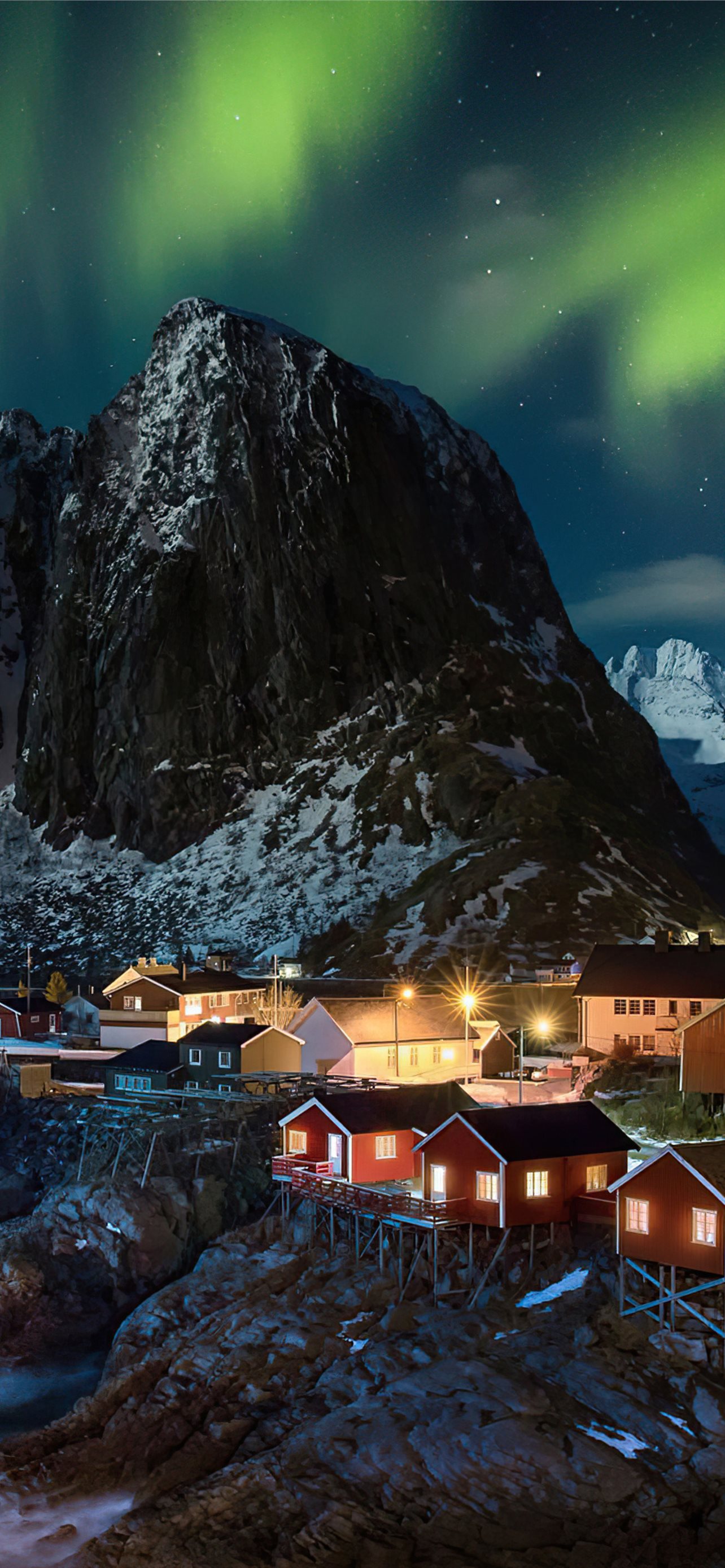 Lofoten Norway Village Aurora Northern Lights 4k S. iPhone Wallpaper Free Download