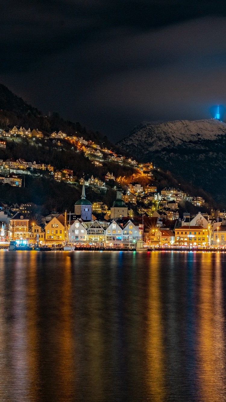 Norway, night, lake, city, lights