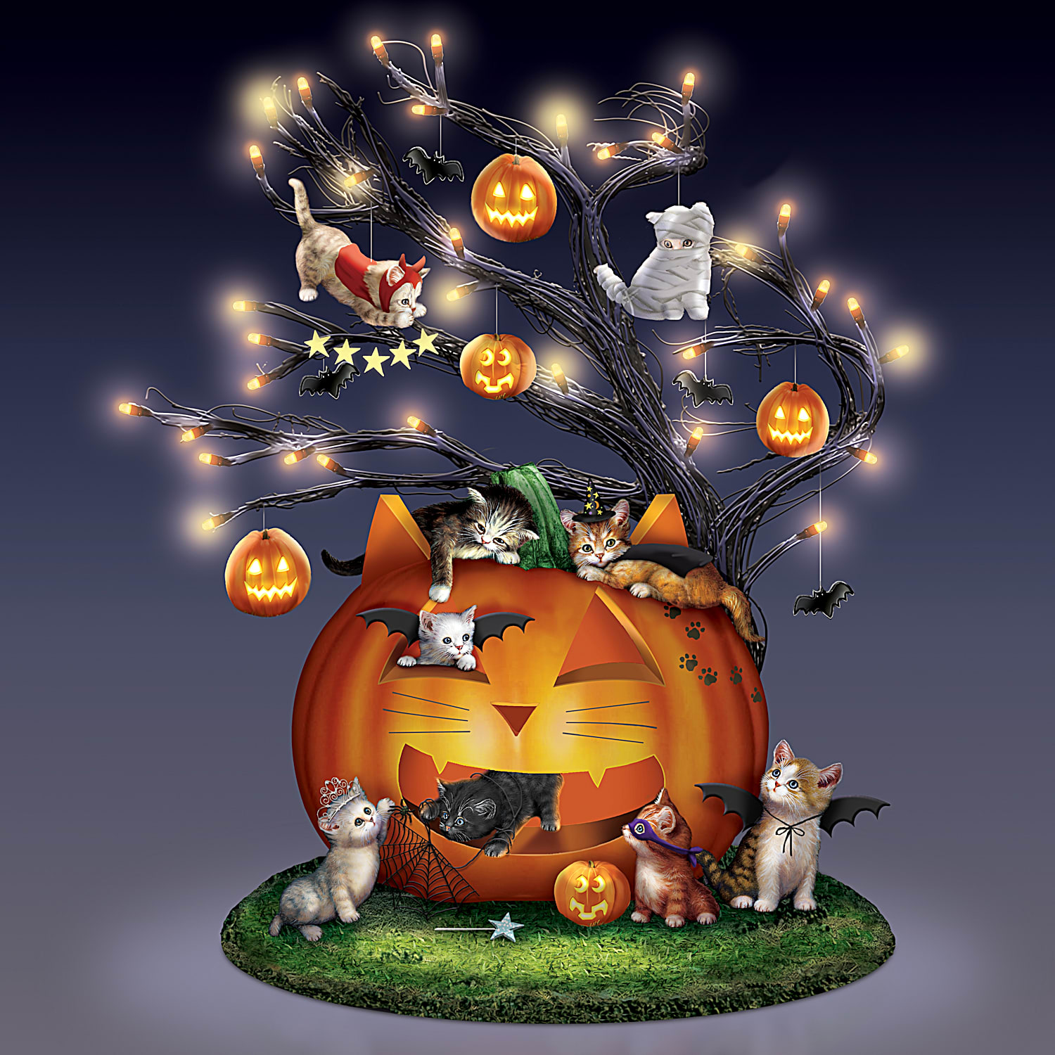 Purr Fectly Mischievous Halloween Illuminated Tabletop Tree Featuring Hand Painted Sculpted Cats Each With A Unique Costume