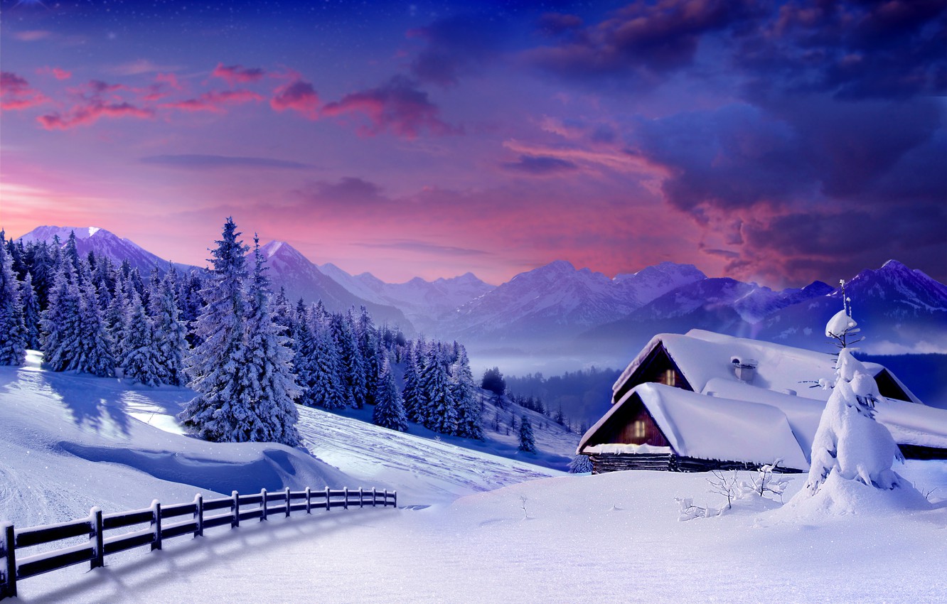 Wallpaper winter, snow, tree, village, hut, landscape, winter, snow image for desktop, section природа