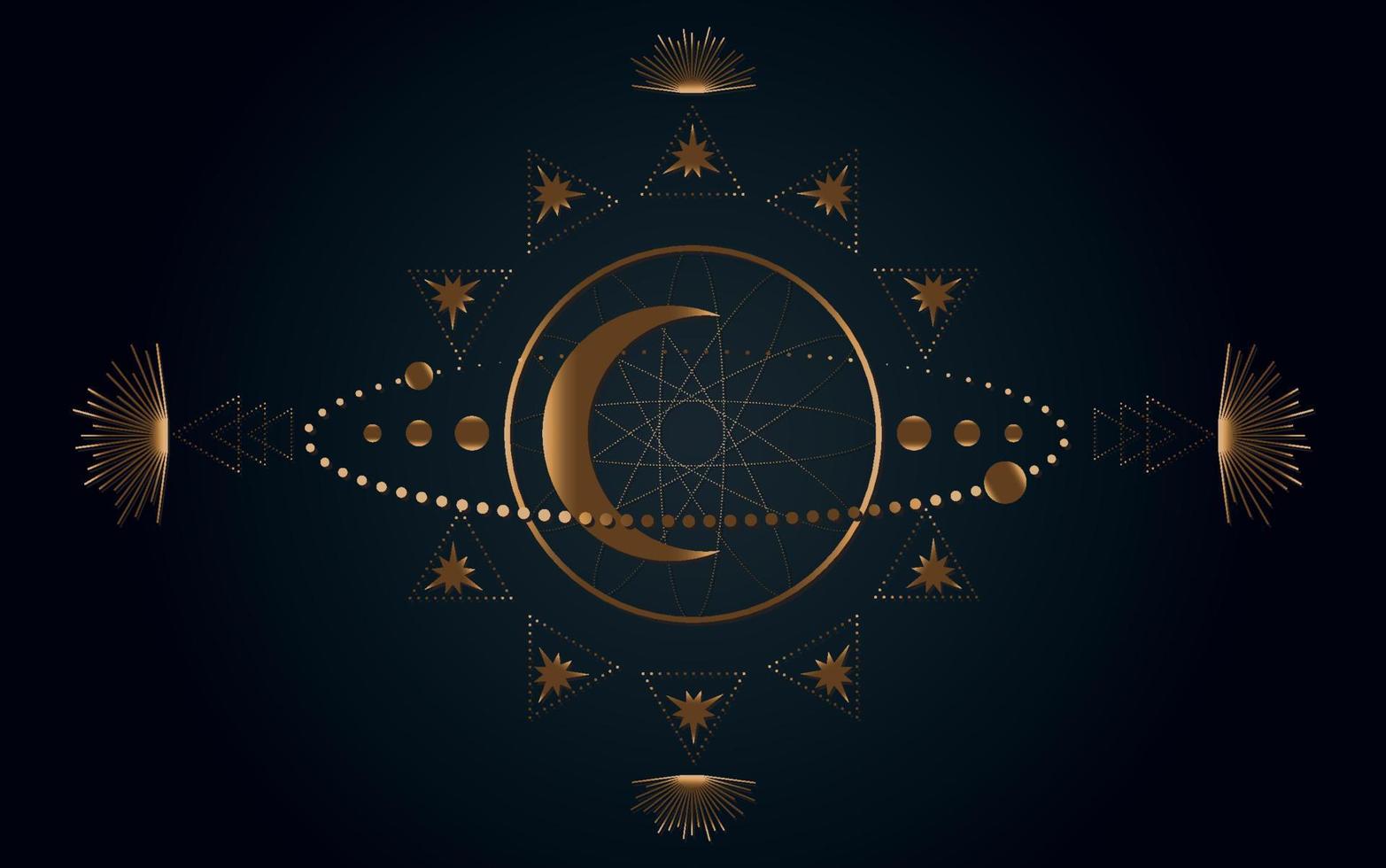 Mystical Sacred geometry. Moon, stars, orbits. Gold Moon magic pagan Wicca goddess symbol. Alchemy, magic, esoteric, occultism. Vector illustration isolated on black background