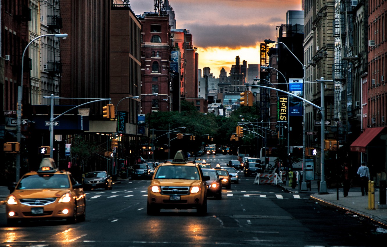 Wallpaper dawn, street, New York, taxi image for desktop, section город