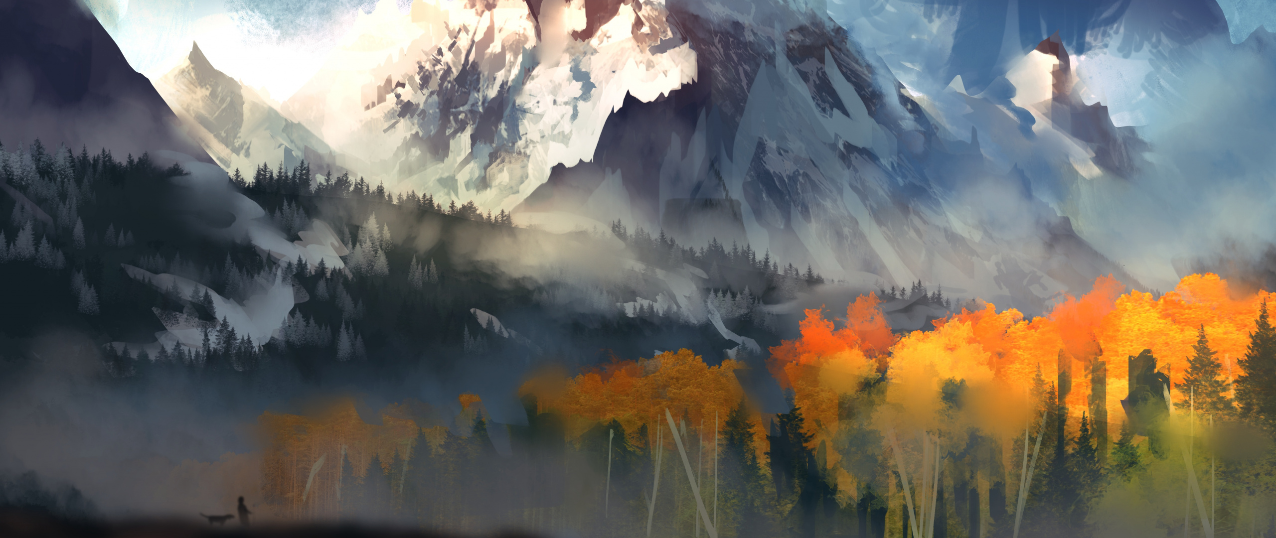 Download Autumn, trees, mountains, forest, fantasy wallpaper, 2560x1080, Dual Wide, Widescreen