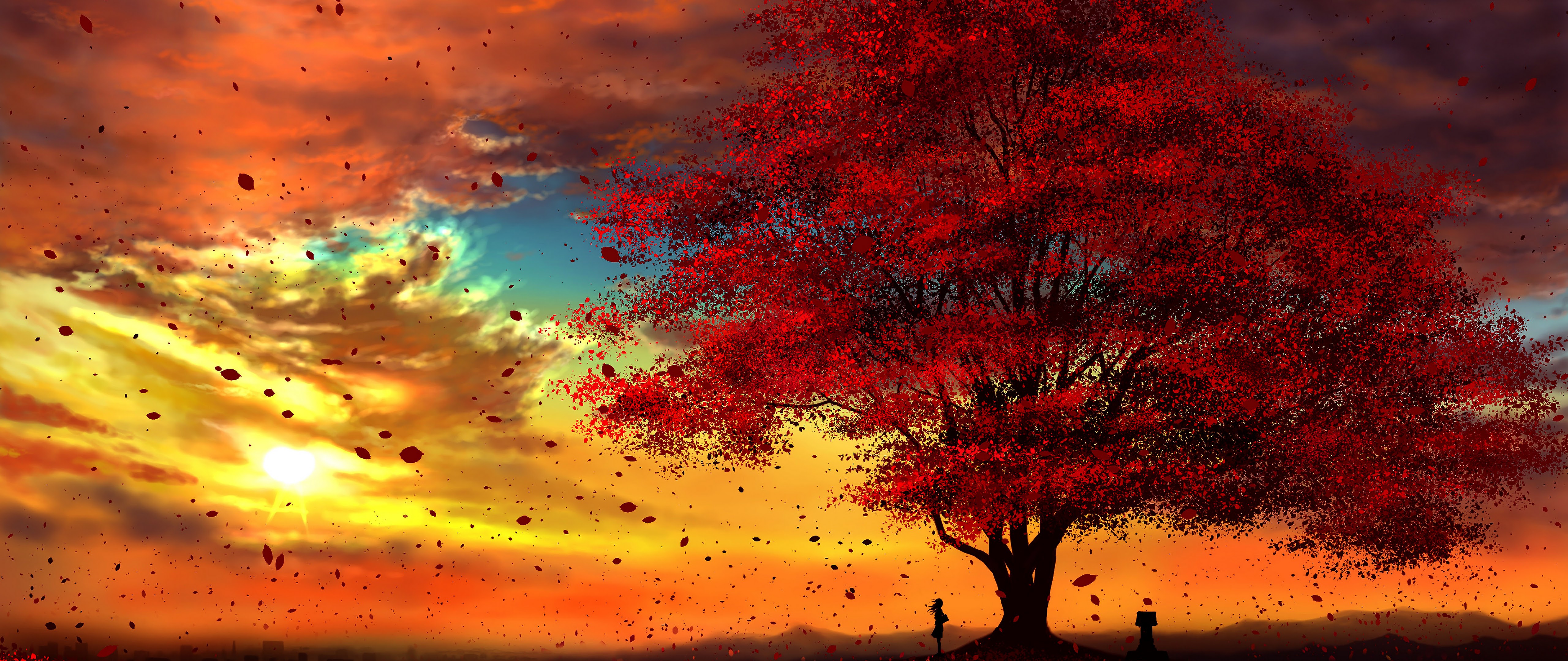 Anime Autumn Scenery Sunset 4K Wallpaper