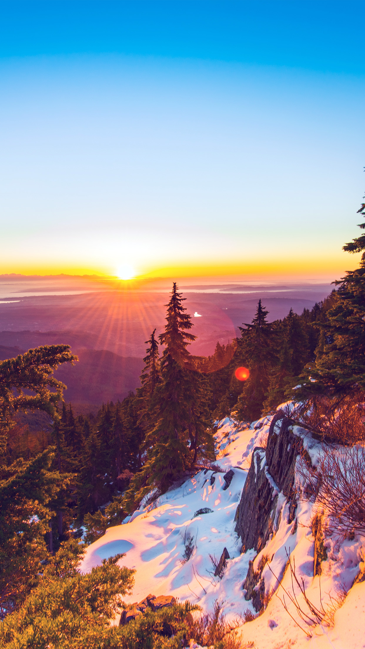 Mountain Snow Winter Sunset Wood Nature Flare Wallpaper