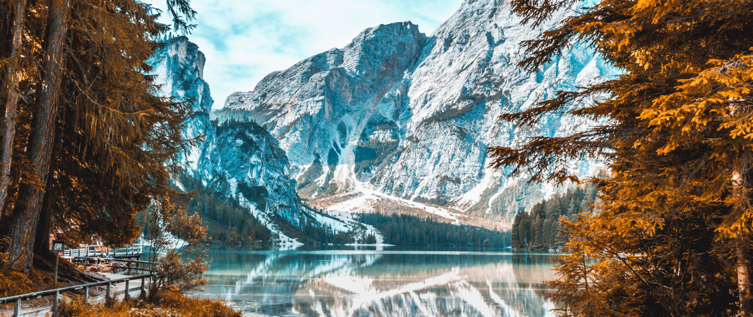 Download Snow Capped Mountain, Lake, Forest, Nature, Autumn Wallpaper, 2560x1080, Dual Wide, Widescreen