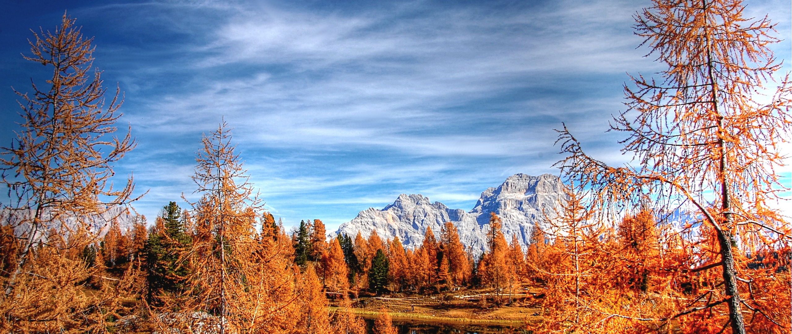 Download wallpaper 2560x1080 dolomites, mountains, forest, lake, clean sky, autumn, dual wide 2560x1080 HD background, 700