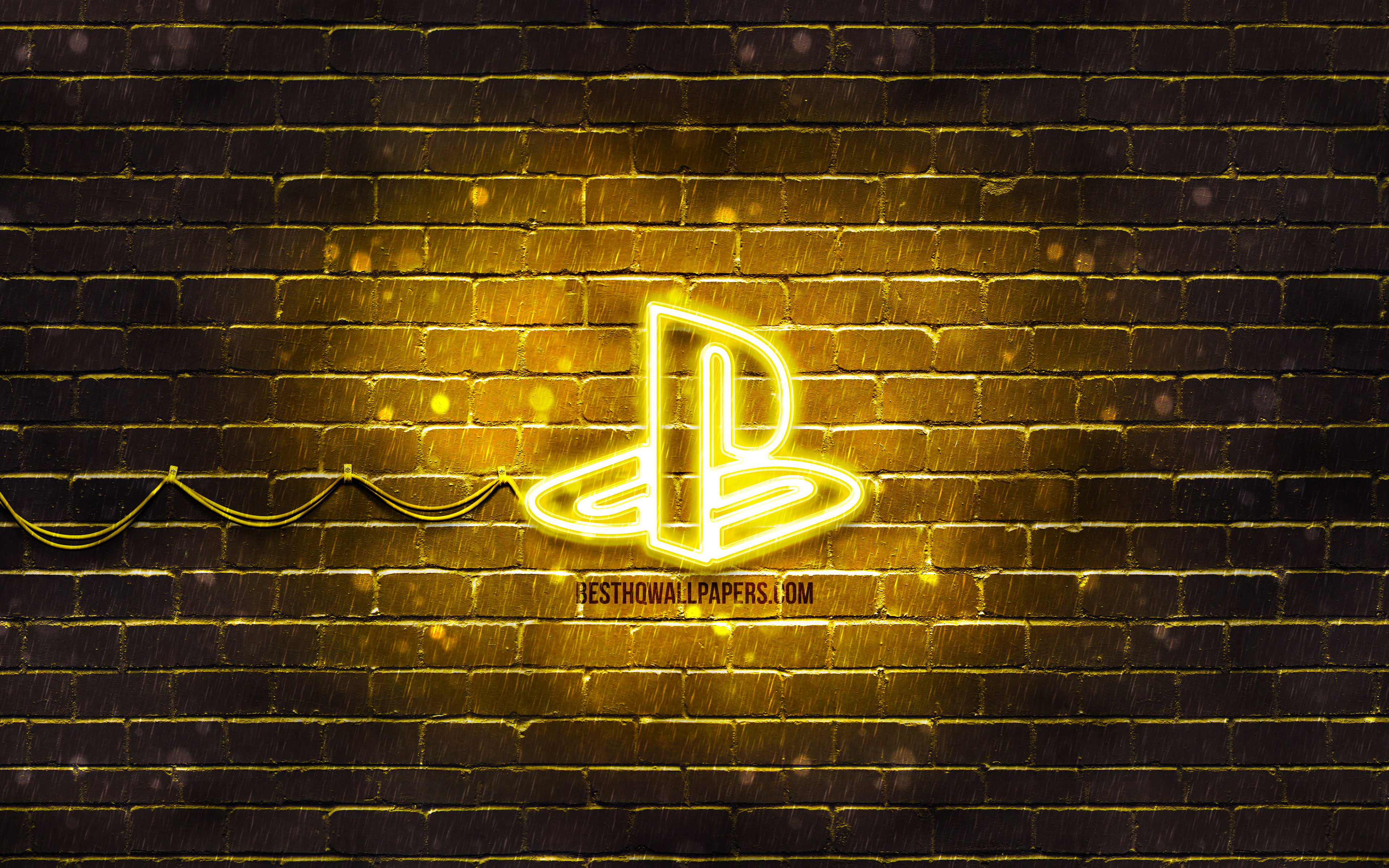 Download wallpaper PlayStation yellow logo, 4k, yellow brickwall, PlayStation logo, brands, PlayStation neon logo, PlayStation for desktop with resolution 3840x2400. High Quality HD picture wallpaper