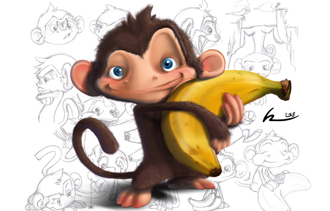 Wallpaper monkey, drawings, white background, banana, baby Wallpaper image for desktop, section животные
