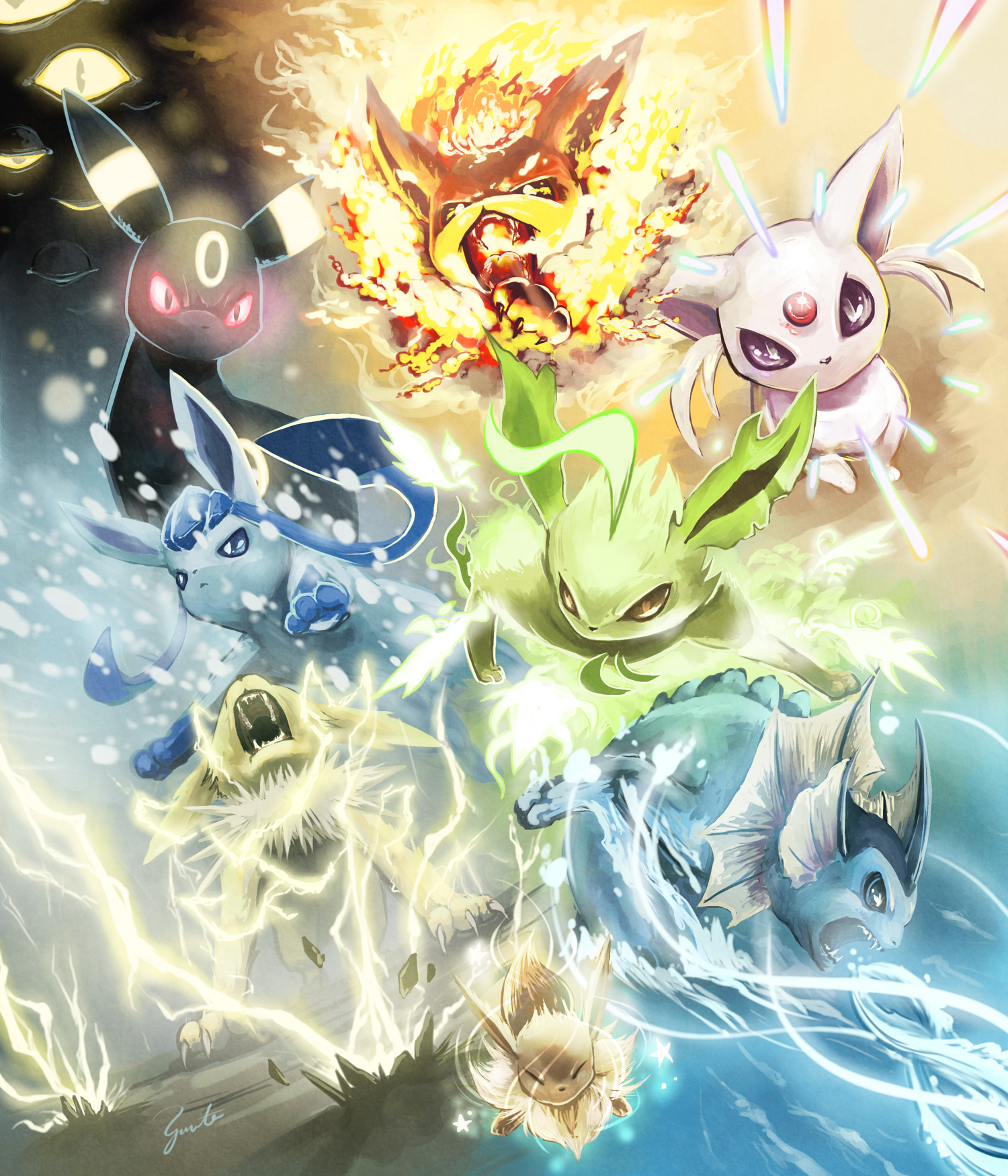 eevee, umbreon, glaceon, espeon, vaporeon, and 3 more (pokemon) drawn