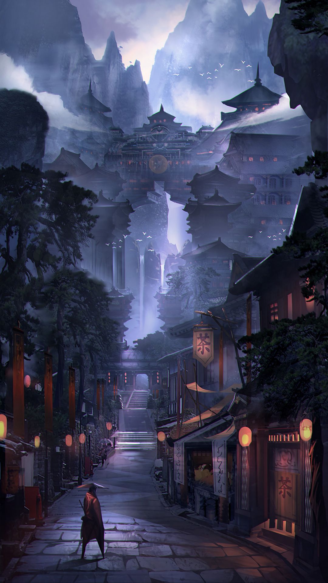 Download wallpaper 1080x1920 samurai, warrior, buildings, architecture, street, japan, art samsung galaxy s s note, sony xperia z, z z z htc one, lenovo vibe HD background