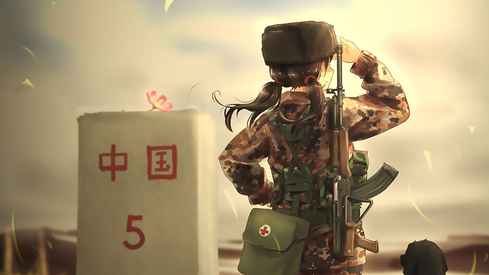 Desktop Wallpaper Soldier, Army, Anime Girl, Dog, HD Image, Picture, Background, 2282c8