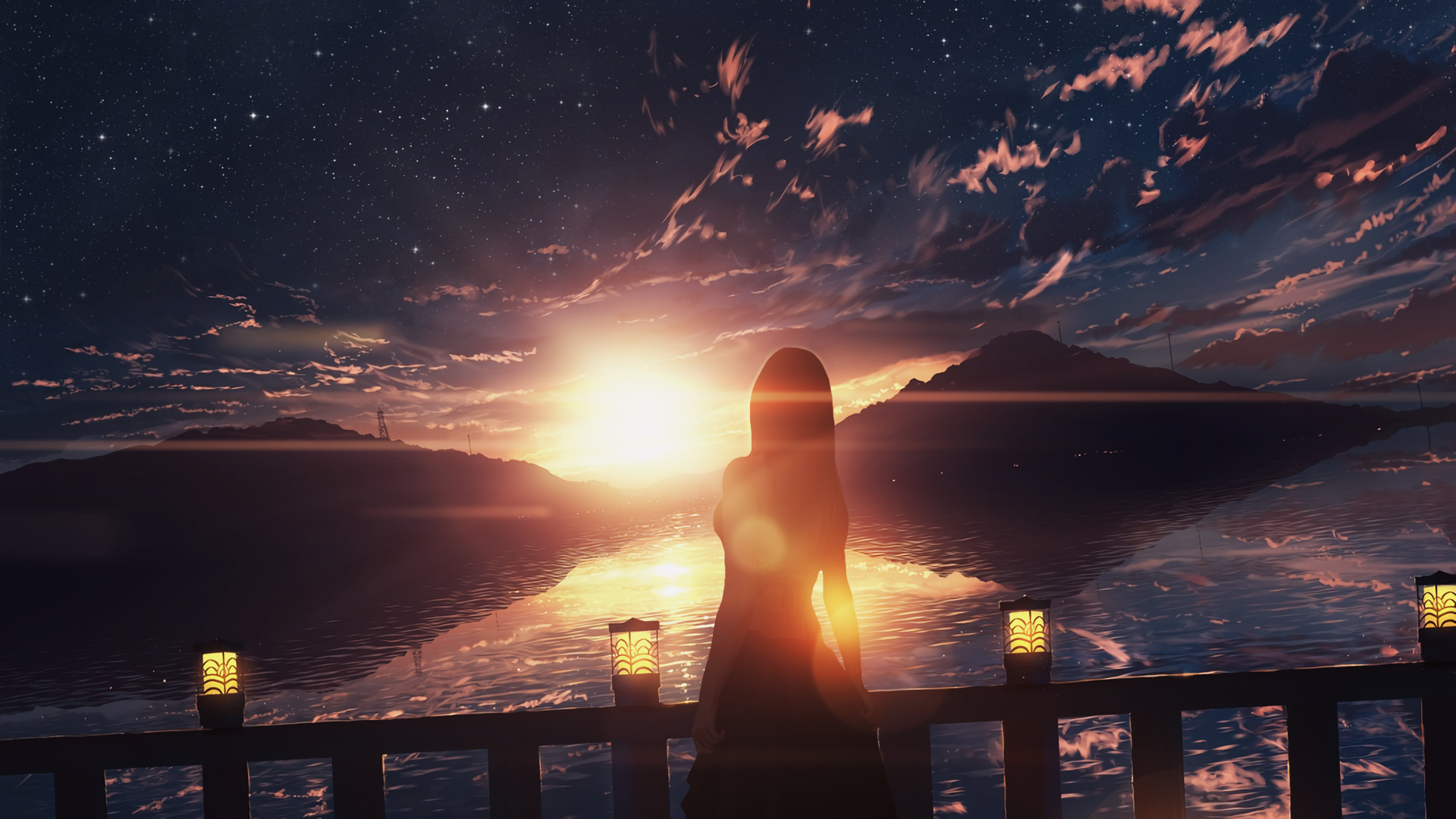 women, sunset, sun rays, nature, sky, ocean view, animex1080 Wallpaper