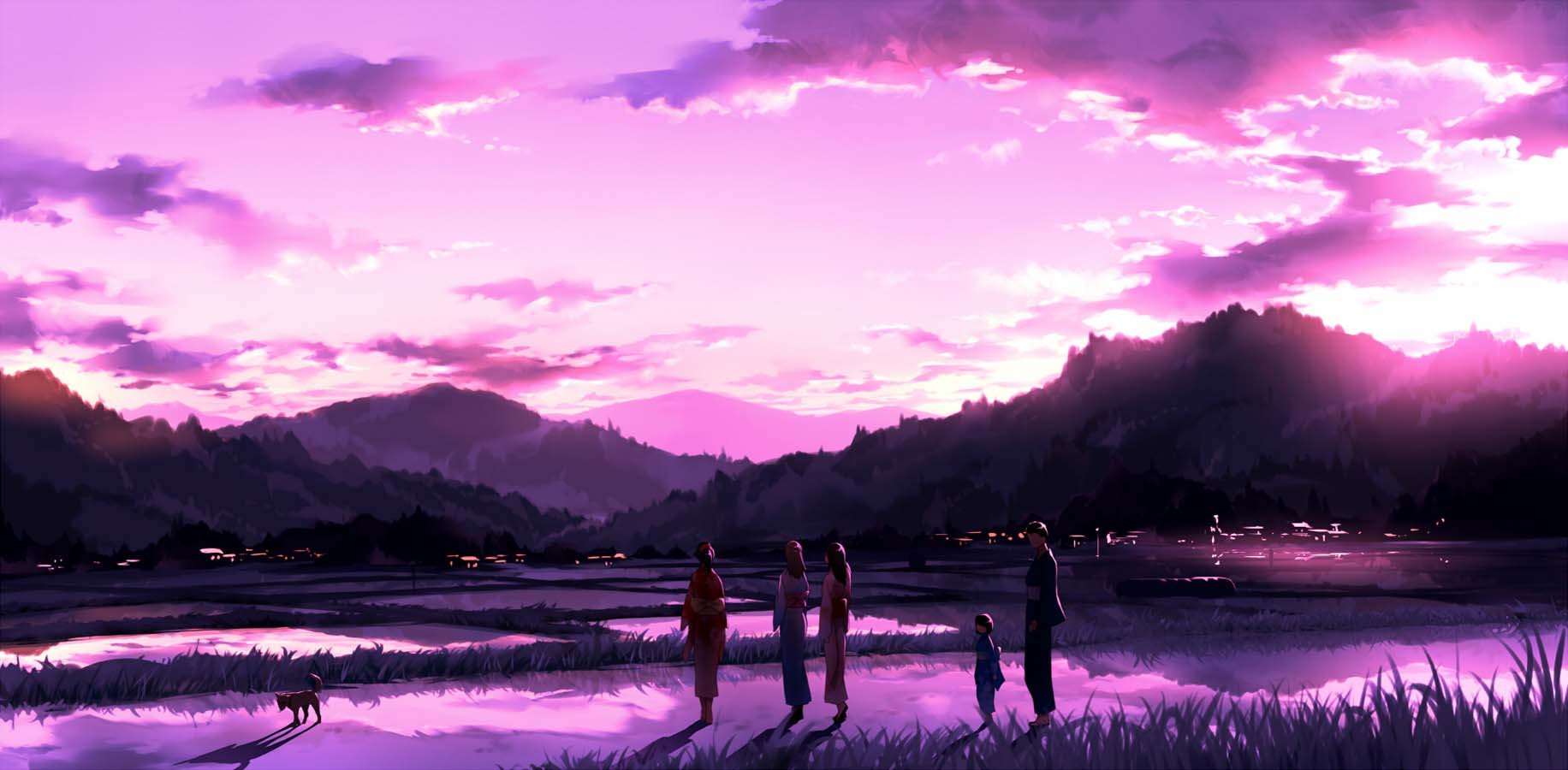 original, Anime, Landscape, Sunset, Sky, Cloud, Beautiful, Pink, Group, Family, Girls, Kimono Wallpaper HD / Desktop and Mobile Background