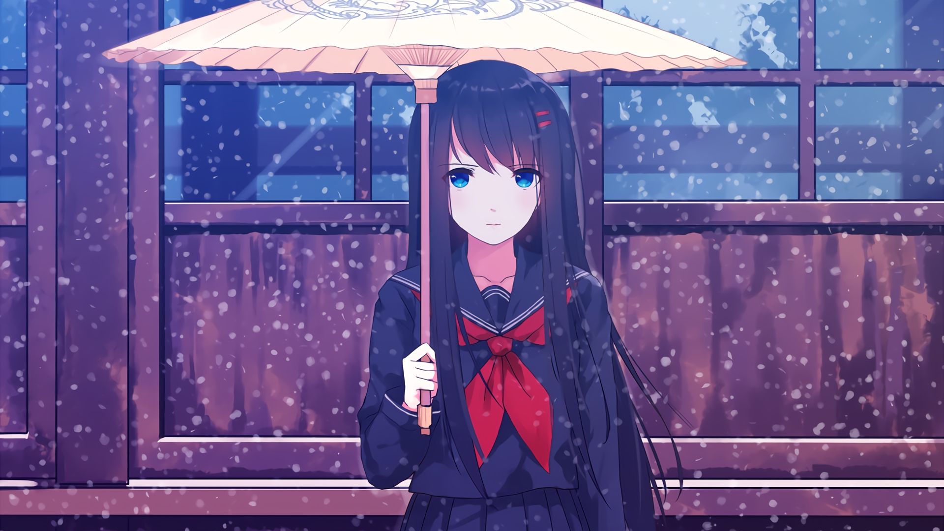Desktop Wallpaper Blue Eyes Anime Girl, Umbrella, Winter, HD Image, Picture, Background, X Nyxe