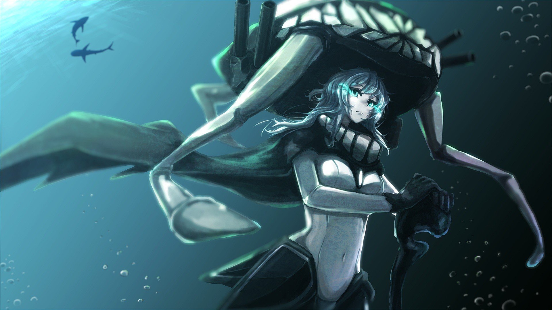 green eyes, Long hair, Anime, Kantai Collection, Wo Class Aircraft Carrier, Anime girls, Underwater, Fantasy art, Fantasy girl, Shark Wallpaper HD / Desktop and Mobile Background