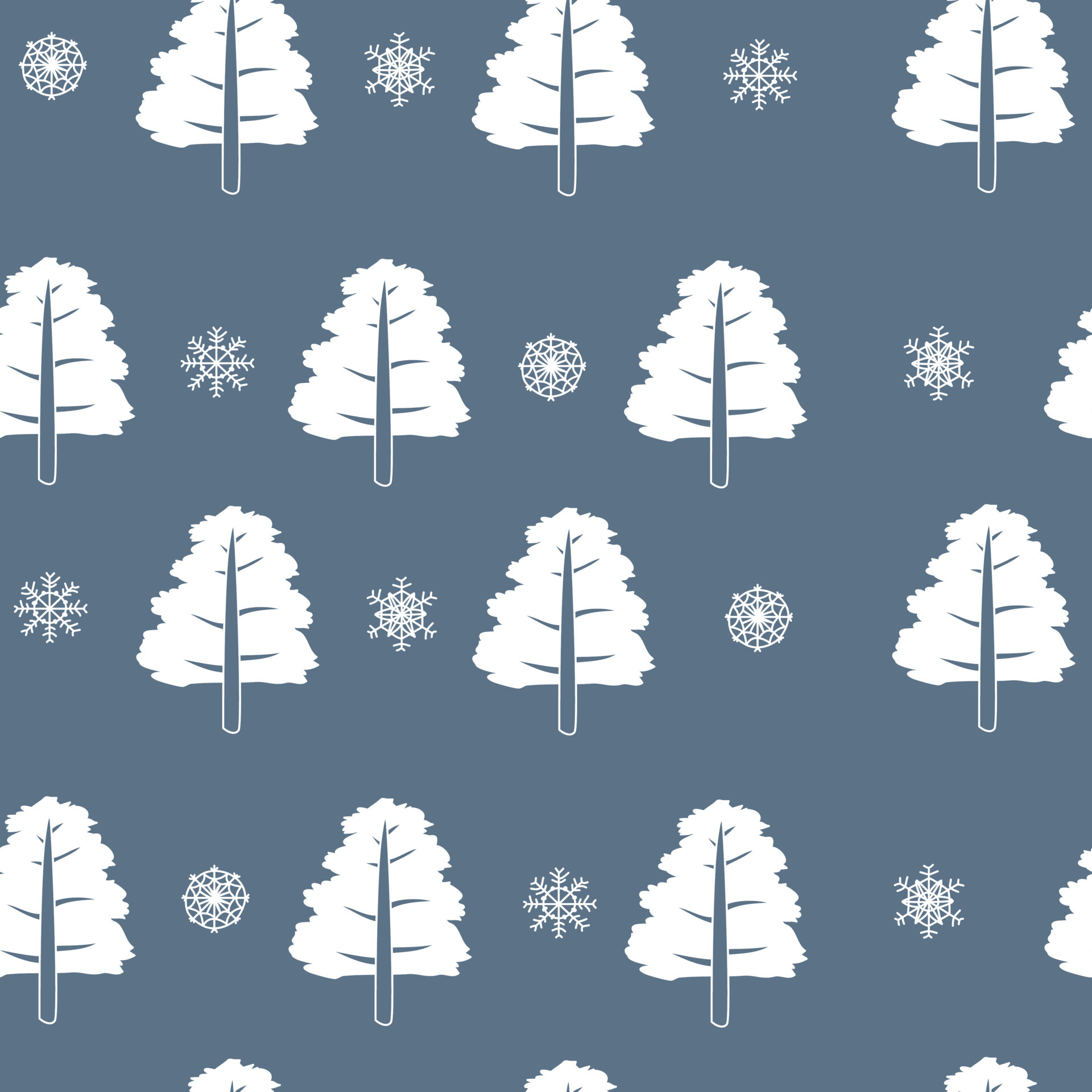 Blue pattern with Christmas tree lines and doodle white snowflakes. Winter texture, textiles, children wallpaper