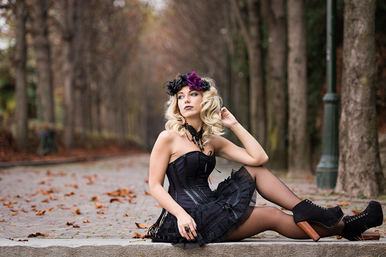 Picture Gothic Fantasy Foliage Blonde girl Bokeh Autumn Wreath