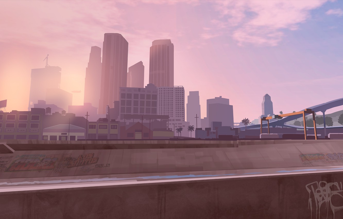 Wallpaper the sky, clouds, bridge, the city, palm trees, graffiti, Windows, building, crane, art, the airship, tower, art, GTA, grand theft auto, rockstar image for desktop, section игры