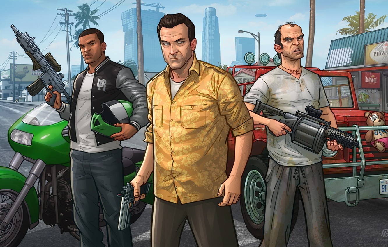 Wallpaper art, patrick brown, Michael, gta, Grand Theft Auto V, Rockstar Games, Franklin, Trevor, patrickbrown image for desktop, section игры