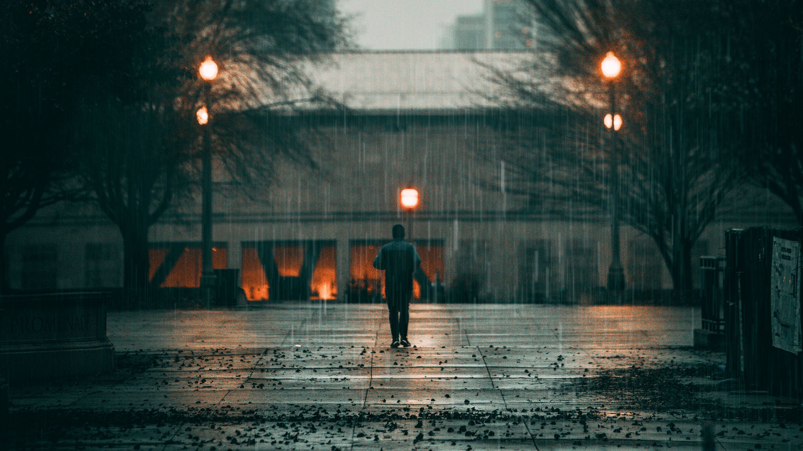 Download wallpaper 2560x1440 man, rain, loneliness, sad, walk, street, city widescreen 16:9 HD background