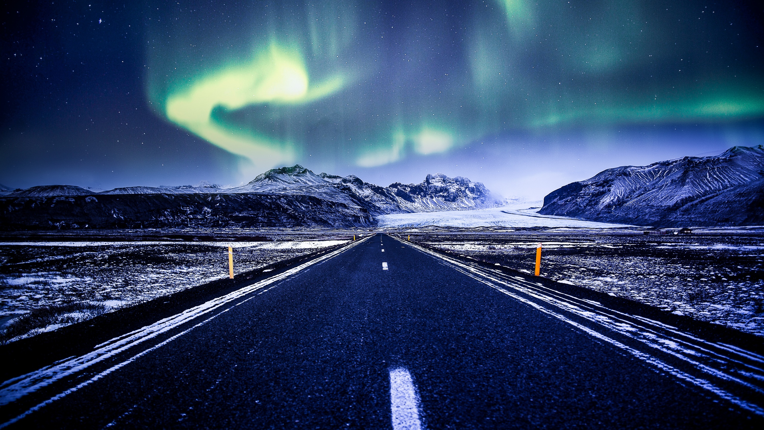 Aurora Borealis Wallpaper 4K, Road, Mountains, Snow covered, Glacier, Nature