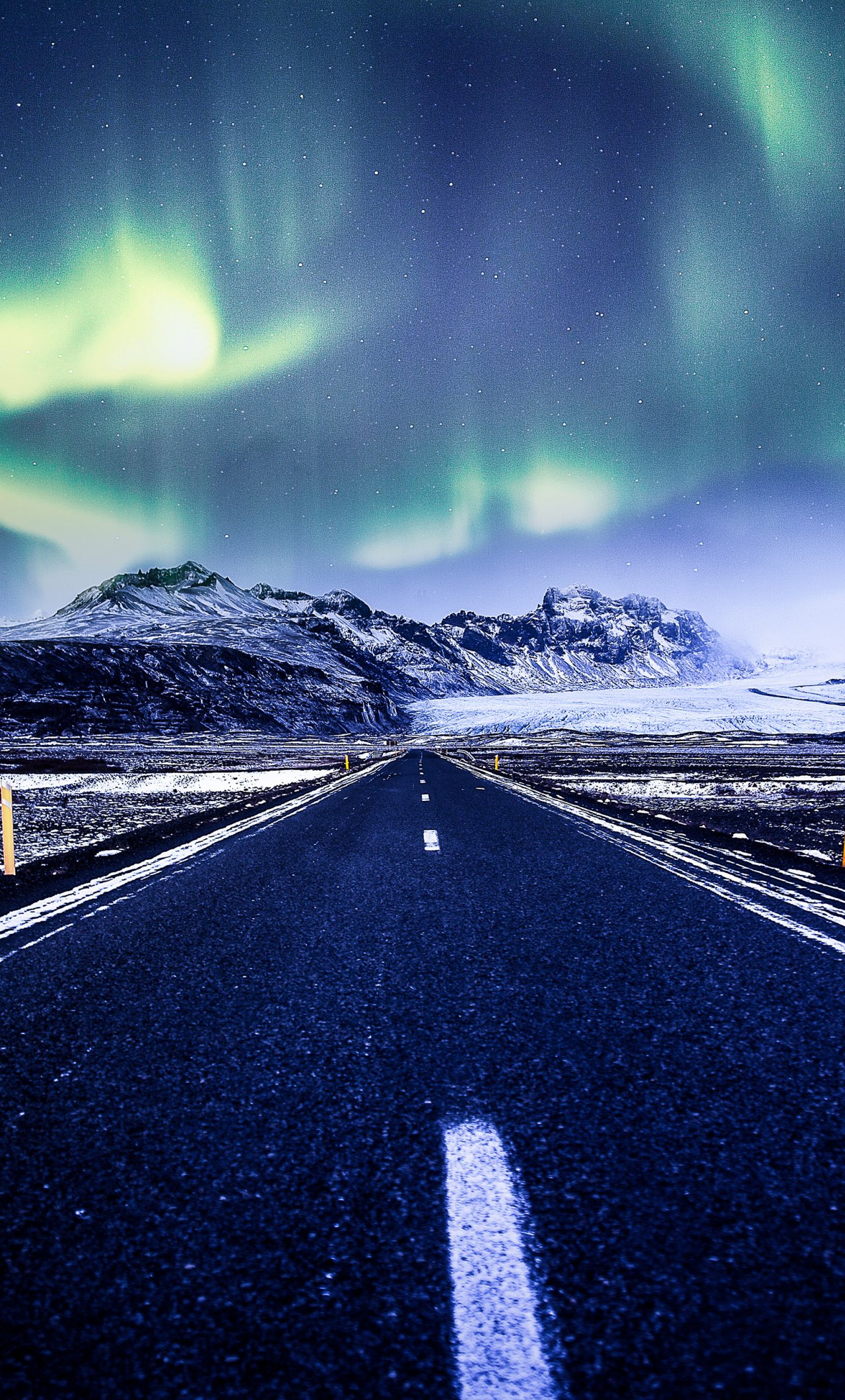 Download wallpaper 1280x2120 aurora borealis, northern lights, highway, road, winter, iphone 6 plus, 1280x2120 HD background, 14912