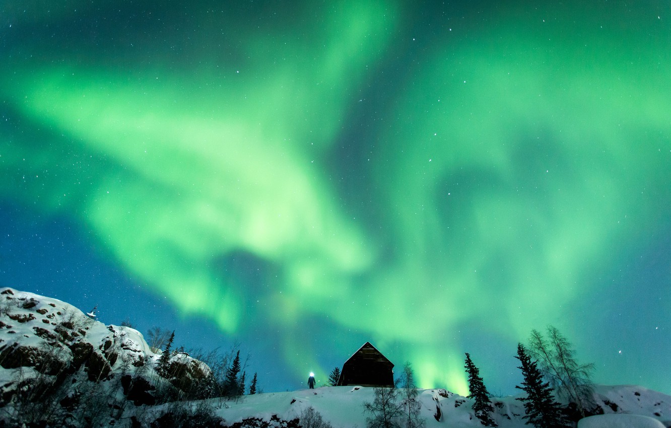 Wallpaper light, winter, snow, man, northern lights, hut, aurora borealis image for desktop, section пейзажи
